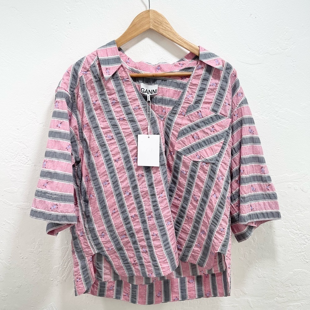 Ganni Oversized Striped Blouse In Pink Nectar Size S/M - Picture 2 of 6